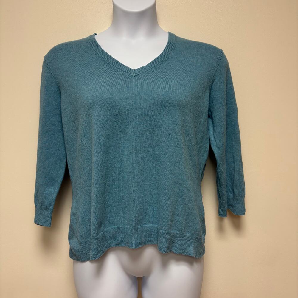 Lands' End Blue V-Neck 3/4 Sleeve Botton Blend Sweater Preppy Minimalist L